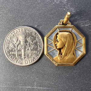 French Virgin Mary Mother of Pearl 18K Yellow Gold Charm Pendant