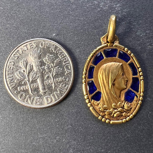 French Virgin Mary Plique A Jour Enamel 18K Yellow Gold Charm Pendant