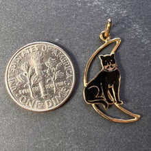 Load image into Gallery viewer, Lucky Black Cat in Crescent Moon 18K Yellow Gold Enamel Charm Pendant
