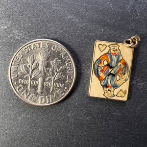 French King of Hearts Playing Card 18K Yellow Gold Enamel Charm Pendant