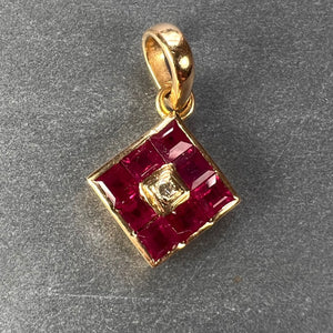 Ruby Diamond 18K Yellow Gold Angled Square Cluster Pendant