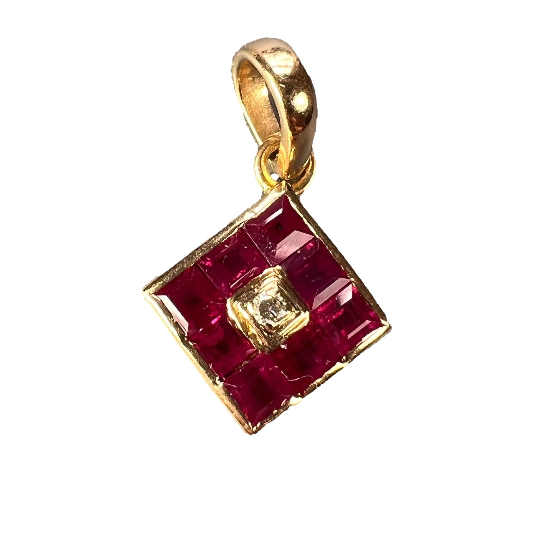 Ruby Diamond 18K Yellow Gold Angled Square Cluster Pendant