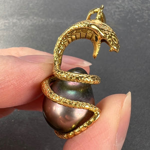 King Cobra Serpent Snake 18K Yellow Gold Tahitian Black Pearl Pendant