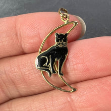 Load image into Gallery viewer, Lucky Black Cat in Crescent Moon 18K Yellow Gold Enamel Charm Pendant
