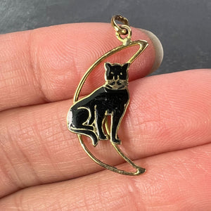 Lucky Black Cat in Crescent Moon 18K Yellow Gold Enamel Charm Pendant