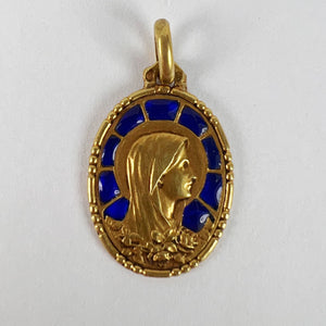 French Virgin Mary Plique A Jour Enamel 18K Yellow Gold Charm Pendant