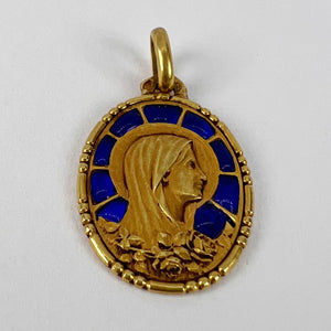 French Virgin Mary Plique A Jour Enamel 18K Yellow Gold Charm Pendant