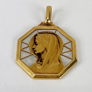 French Virgin Mary Mother of Pearl 18K Yellow Gold Charm Pendant