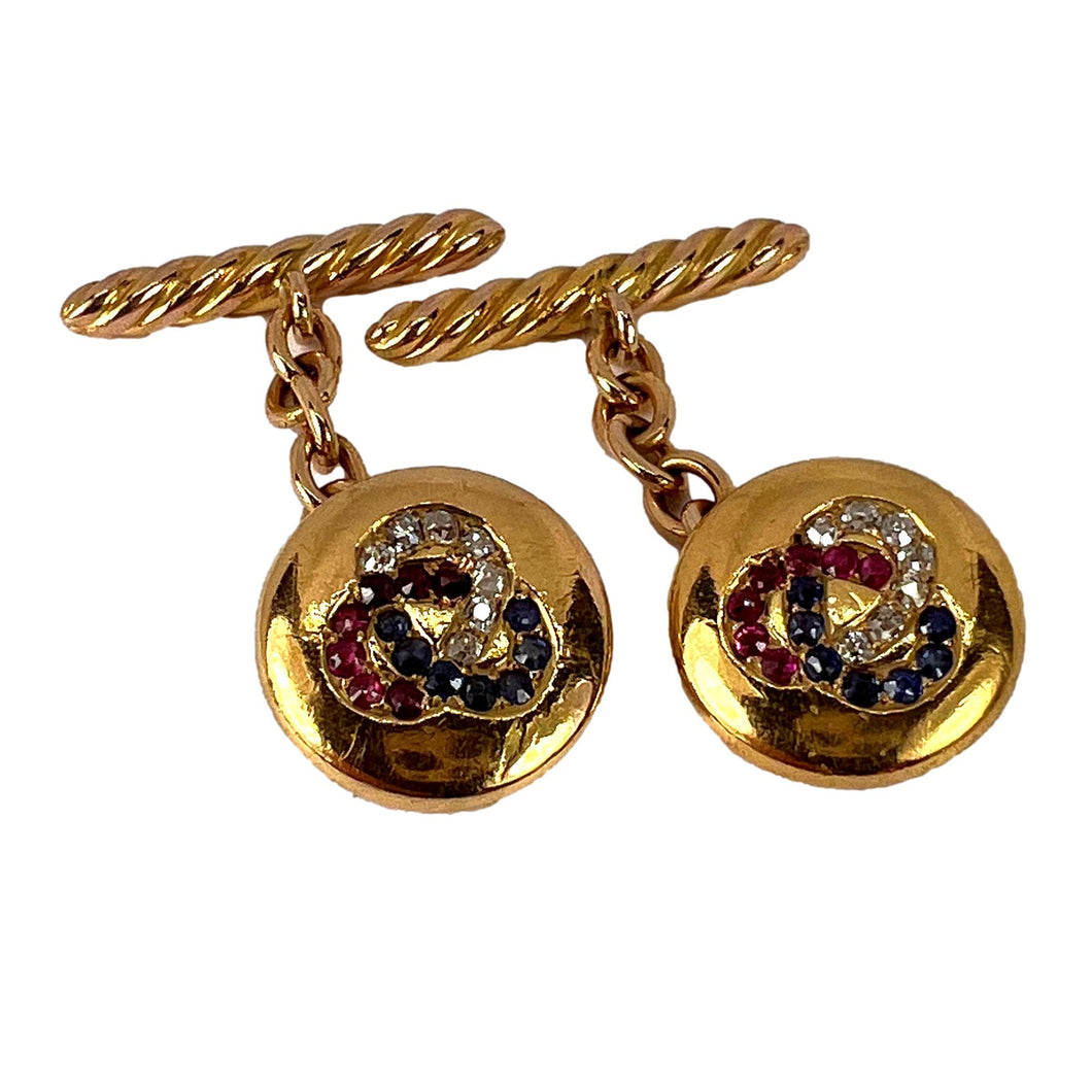 Ruby Sapphire and Diamond Trefoil 14K Yellow Gold Cufflinks