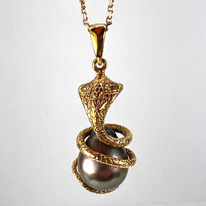 King Cobra Serpent Snake 18K Yellow Gold Tahitian Black Pearl Pendant