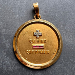 Large Augis French Plus Qu’Hier Ruby Diamond 18K Yellow Gold Love Charm Pendant