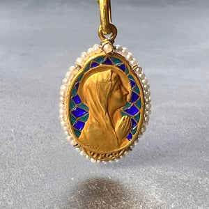 French Sellier Virgin Mary 18K Yellow Gold Enamel Pearl Pendant Necklace