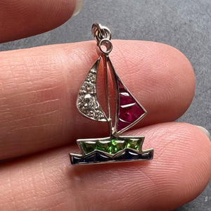 Art Deco Yacht Sailboat Platinum Diamond Sapphire Ruby Peridot Charm Pendant