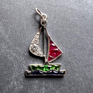 Art Deco Yacht Sailboat Platinum Diamond Sapphire Ruby Peridot Charm Pendant
