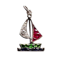 Load image into Gallery viewer, Art Deco Yacht Sailboat Platinum Diamond Sapphire Ruby Peridot Charm Pendant
