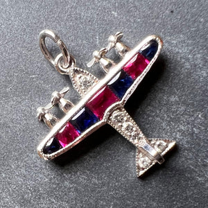 Art Deco Airplane Platinum Diamond Sapphire Ruby Charm Pendant