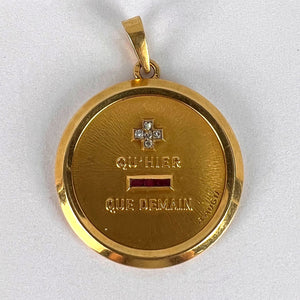 Large Augis French Plus Qu’Hier Ruby Diamond 18K Yellow Gold Love Charm Pendant