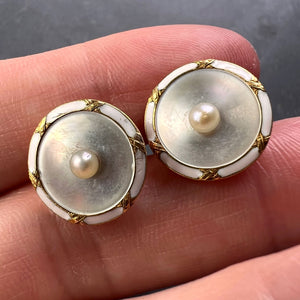 French 18K Yellow Gold Pearl, Mother of Pearl and Enamel Cufflinks
