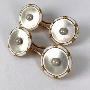 French 18K Yellow Gold Pearl, Mother of Pearl and Enamel Cufflinks