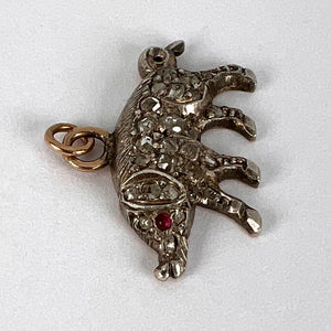 Antique 18K Rose Gold Silver Ruby Diamond Pig Charm Pendant