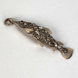 Antique 18K Rose Gold Silver Ruby Diamond Fish Charm Pendant