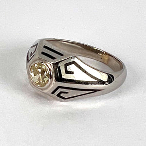 Art Deco Tinted Yellow Diamond 14K White Gold Enamel Ring