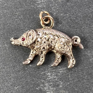 Antique 18K Rose Gold Silver Ruby Diamond Pig Charm Pendant