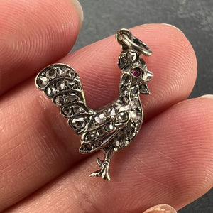 Antique 18K Rose Gold Silver Ruby Diamond Rooster Charm Pendant