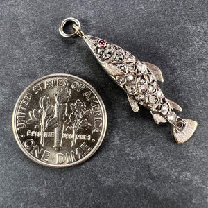 Antique 18K Rose Gold Silver Ruby Diamond Fish Charm Pendant