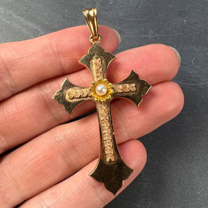 French 18K Rose Yellow Gold Pearl Cross Pendant