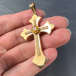 French 18K Rose Yellow Gold Pearl Cross Pendant