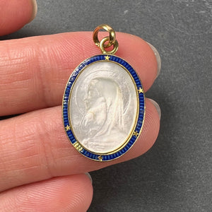 French Virgin Mary 18K Yellow Gold Mother of Pearl Enamel Charm Pendant