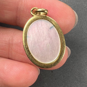 French Virgin Mary 18K Yellow Gold Mother of Pearl Enamel Charm Pendant