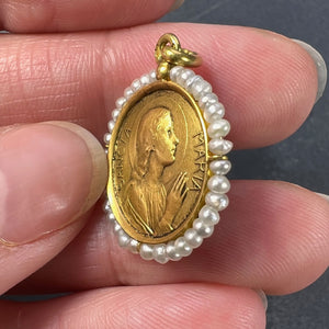 French Virgin Mary 18K Yellow Gold Pearl Charm Pendant