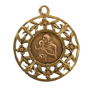 French Dropsy Madonna and Child 18K Yellow Rose Gold Charm Pendant