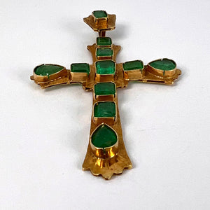 Large Italian Cross 18K Yellow Gold Emerald Pendant