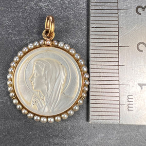 French Virgin Mary Mother of Pearl 18K Yellow Gold Pearl Charm Pendant