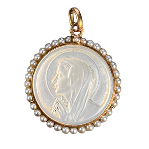 French Virgin Mary Mother of Pearl 18K Yellow Gold Pearl Charm Pendant