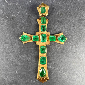 Large Italian Cross 18K Yellow Gold Emerald Pendant