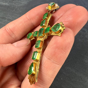 Large Italian Cross 18K Yellow Gold Emerald Pendant