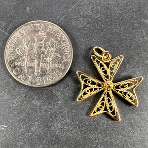 18K Yellow Gold Maltese Cross Filigree Charm Pendant
