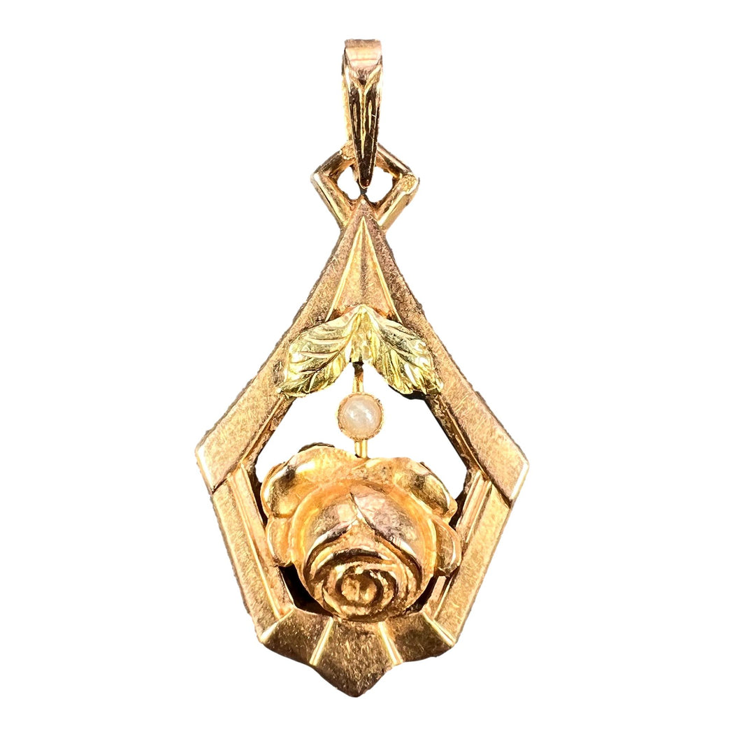 French Rose 18K Yellow Gold Pearl Charm Pendant