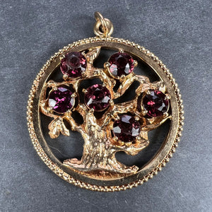 Large Yellow Gold Red Garnet Tree of Life Medallion Charm Pendant