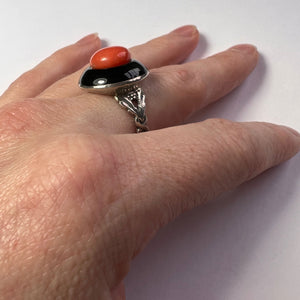 French silver coral lacquer target ring