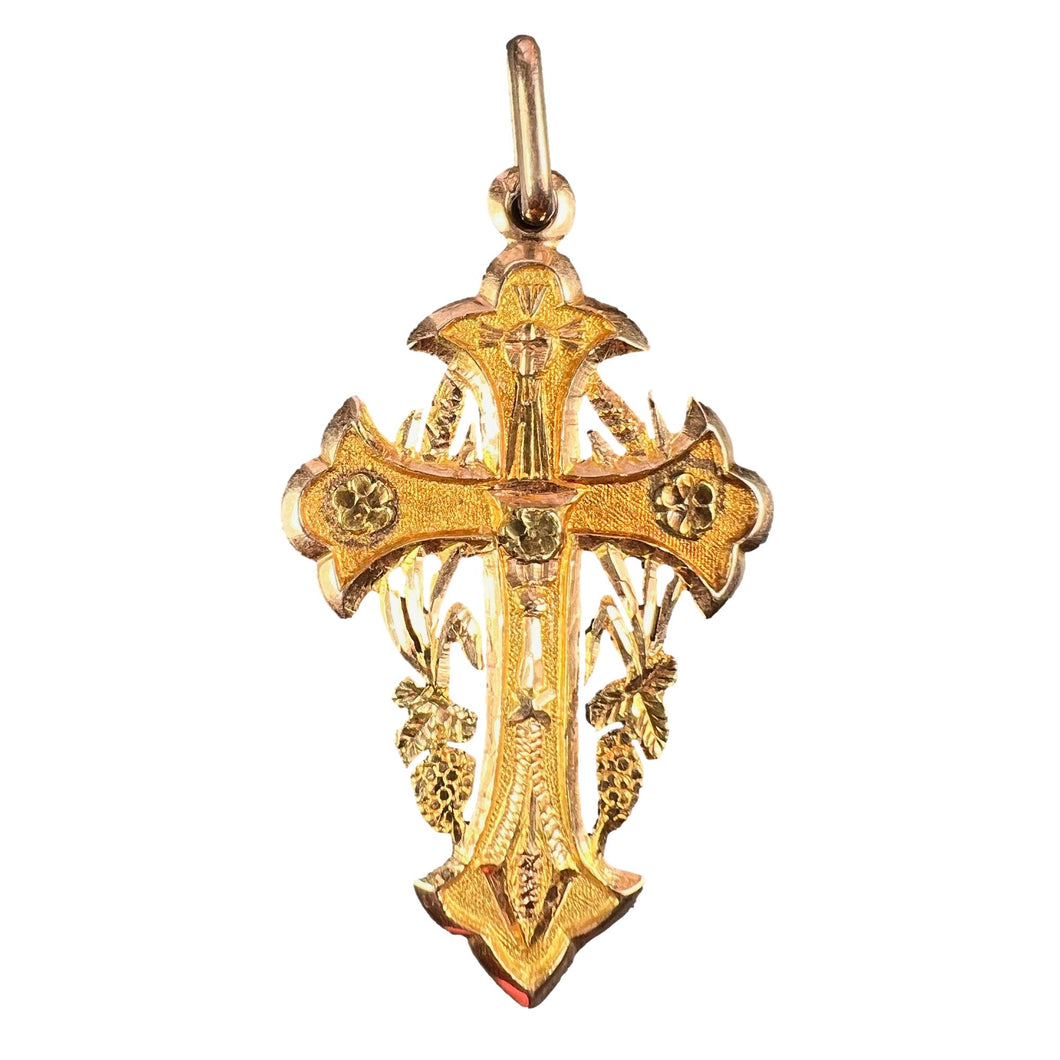Antique French 18K Rose Gold Harvest Cross Pendant