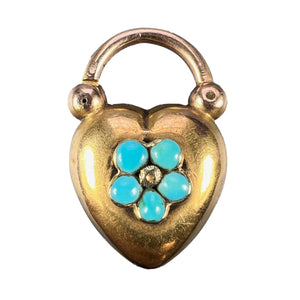 Antique Victorian Padlock Heart Turquoise Yellow Gold Mourning Locket Pendant
