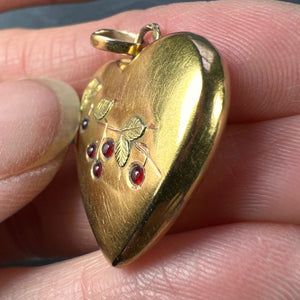 French 18K Yellow Gold Love Heart Cherries Charm Pendant