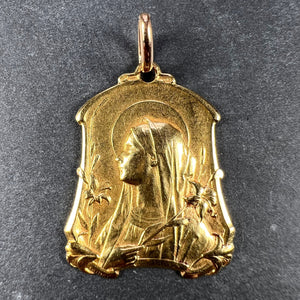 French Virgin Mary Lilies 18K Yellow Gold Medal Pendant