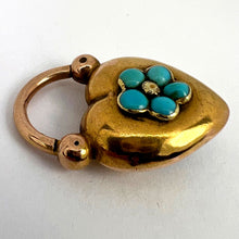 Load image into Gallery viewer, Antique Victorian Padlock Heart Turquoise Yellow Gold Mourning Locket Pendant
