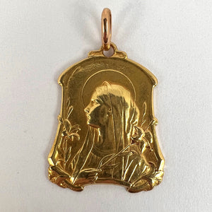 French Virgin Mary Lilies 18K Yellow Gold Medal Pendant